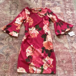 Calvin Klein Pink Floral Sheath Dress Bell Sleeve Round Neck Knee Length Size 12
